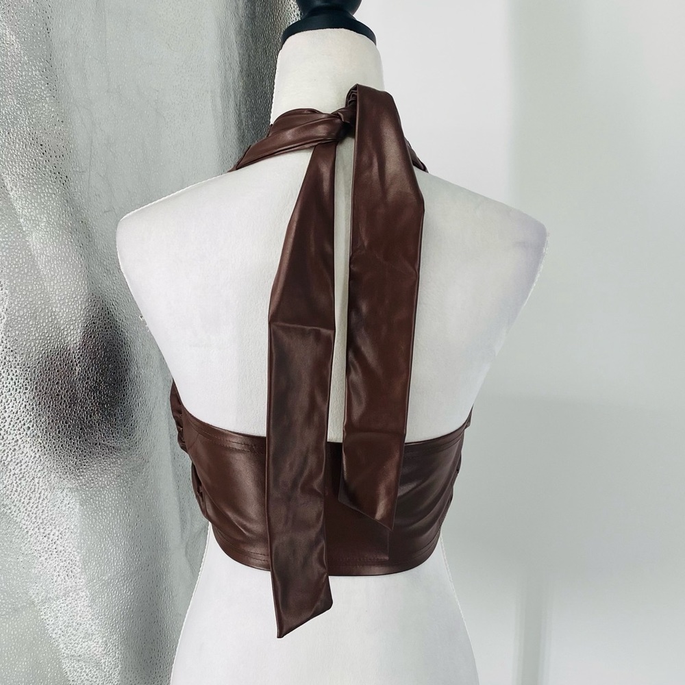 Brown Faux Leather Vegan Leather Sleeveless Halter Neck Open Back Crop Top - Picture 10 of 13